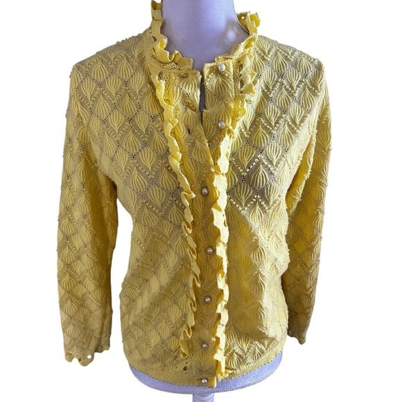Vtg 60s pointelle scallop ruffle cardigan sweater small butter yellow - Picture 1 of 11